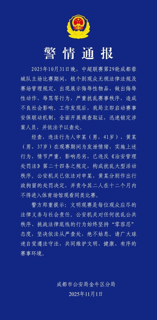 盘盘赢 中超比赛做侮辱性动作，两名男子被行拘